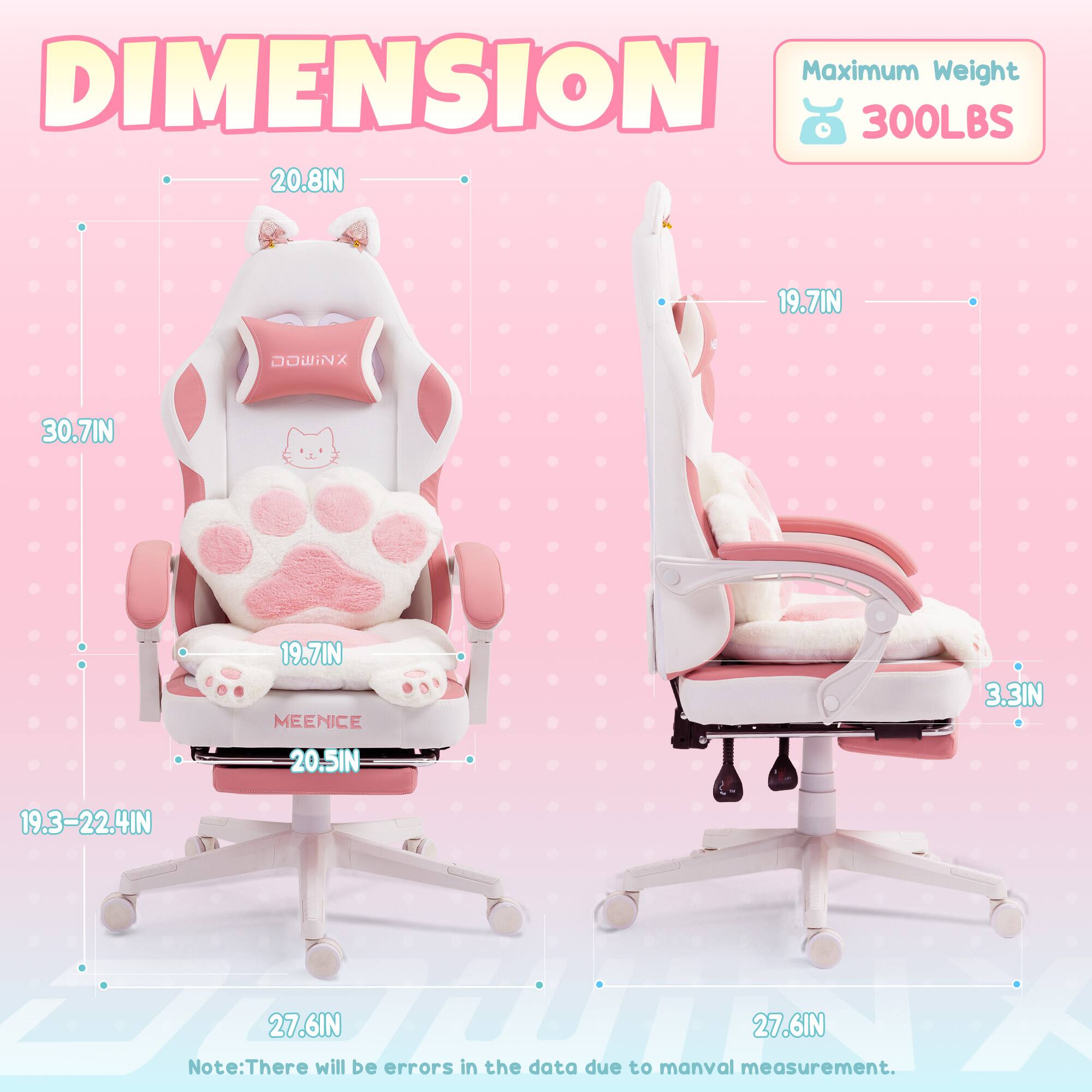 Maximum Weight: 300LBS  
Dimensions:  
- Height: 30.7IN  
- Width: 20.8IN  
- Depth: 19.7IN  
- Seat Height: 19.7IN  
- Seat Width: 20.5IN  
- Armrest Height: 3.3IN  
- Base Height: 19.3-22.4IN  
- Base Width: 27.6IN  
- Base Depth: 27.6IN  

Note: There will be errors in the data due to manual measurement.