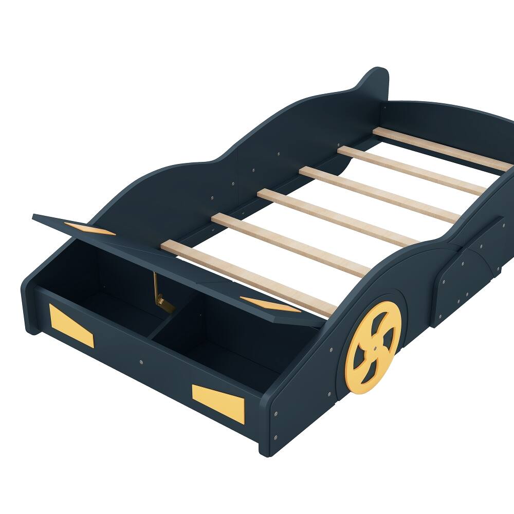 Alt View 8. Loheer - Loheer Twin Race Car Bed with Storage, Dark Blue Yellow Kids Bed - Dark Blue+Yellow.