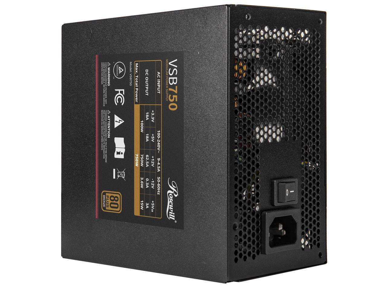 cote V | WARNING ETURITO : OL RIAEES OT FC > ATTENTION mEL TTME i REVARE BRONZE PLUS 80 Model VSB750 Max. Total Power 750W DC OUTPUT 18A 100W 18A 750W 62.5A 3.6W 0. 15W +3.3V +5V +12V -12V +5V AC INPUT 100-240V- 9-4.5A 50-60Hz MODULAR POWERSUPPLY POWER SUPPLY VSB750 Rosewill