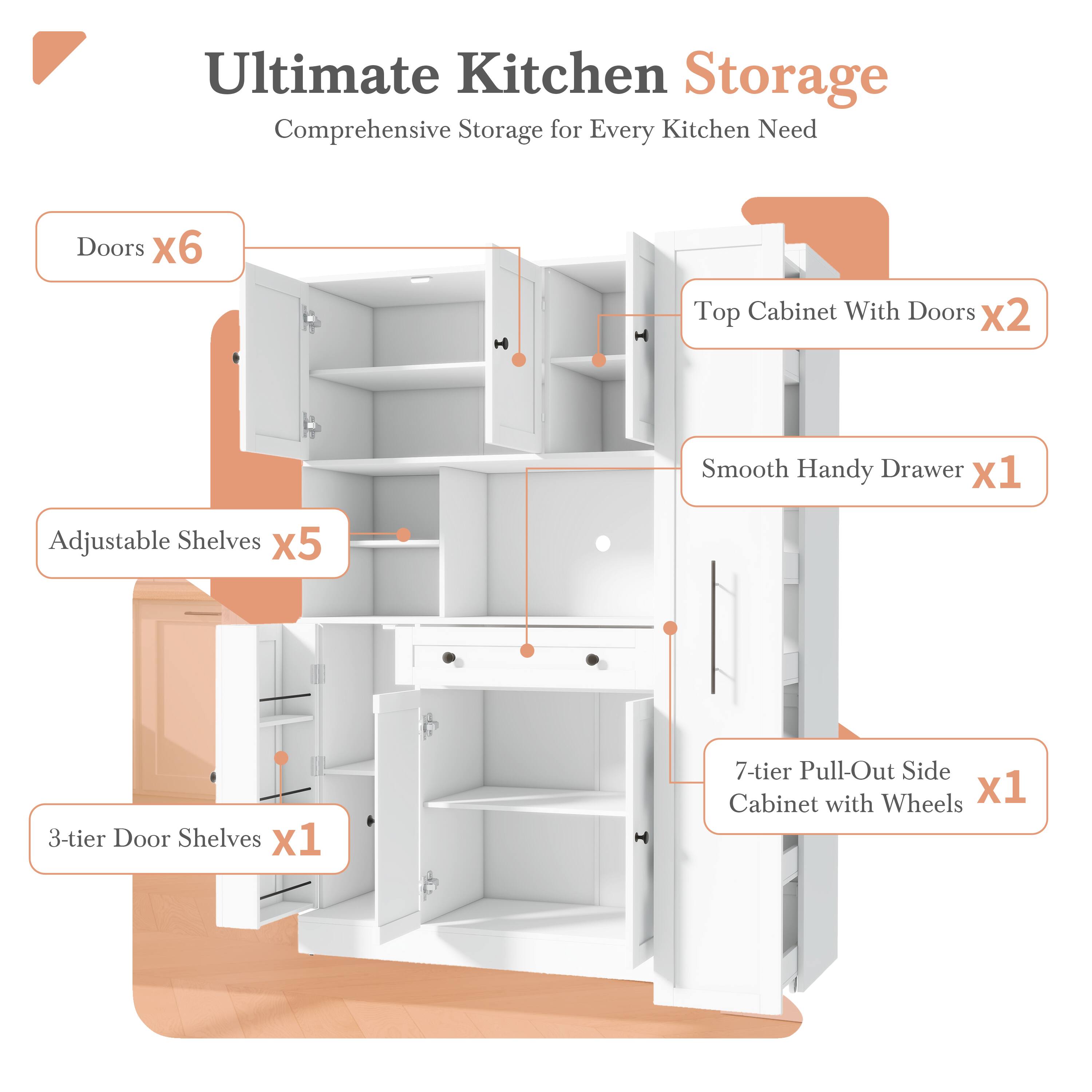 Ultimate Kitchen Storage  
Comprehensive Storage for Every Kitchen Need  

- Doors x6  
- Top Cabinet With Doors x2  
- Smooth Handy Drawer x1  
- Adjustable Shelves x5  
- 3-tier Door Shelves x1  
- 7-tier Pull-Out Side Cabinet with Wheels x1