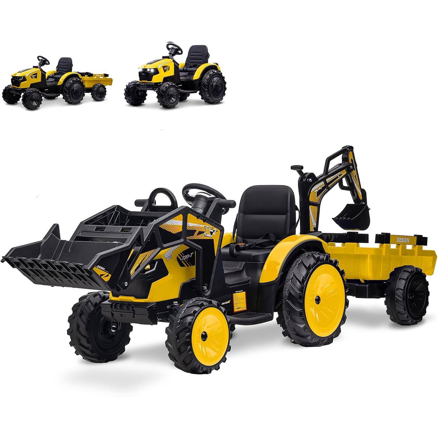 Qeetex - 24V Kids Ride On Tractor, Excavator & Bulldozer w/ Trailer, Digger, Shovel Bucket, Remote, Lights - Yellow