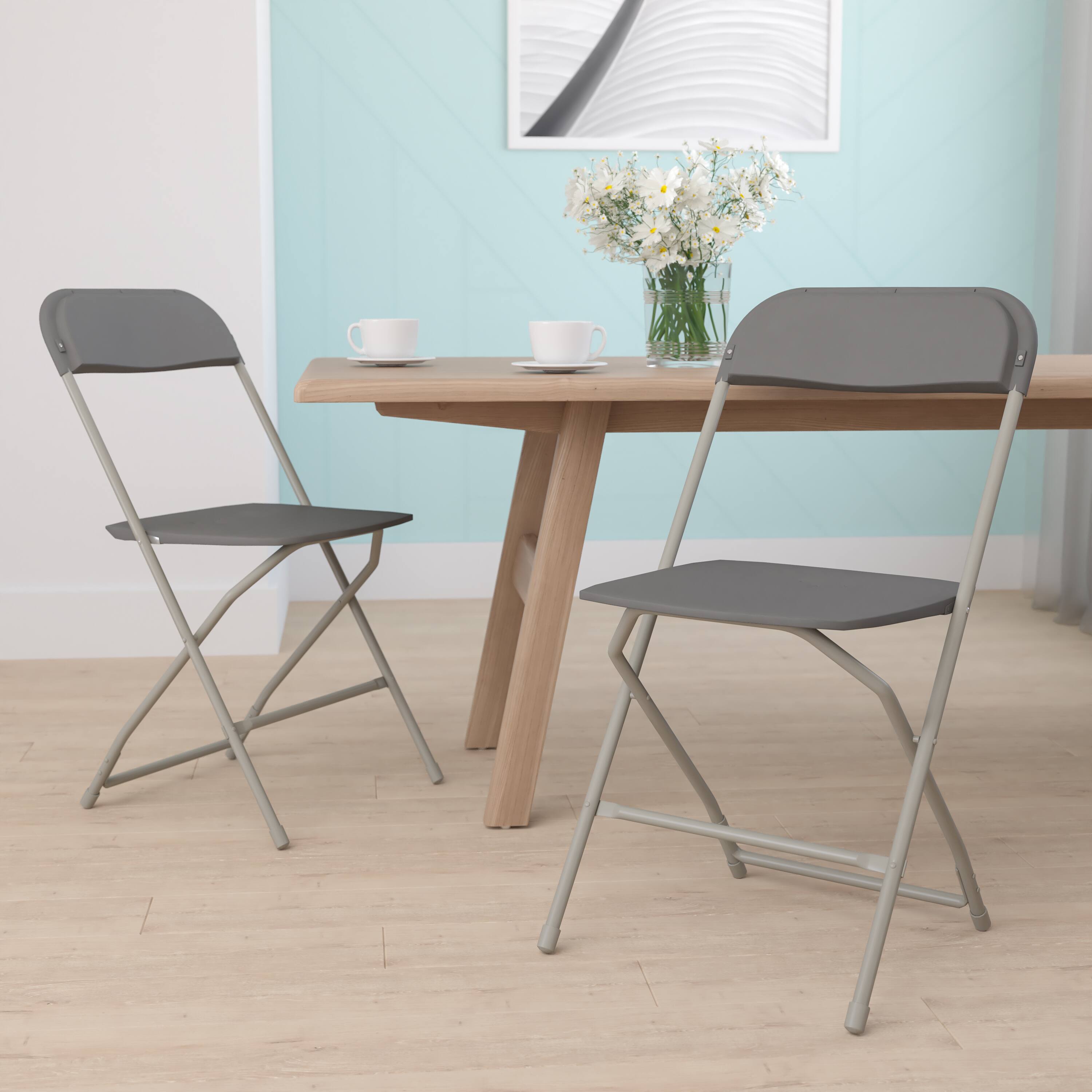 Alt View 1. Emma + Oliver - Set of 2 Stackable Folding Plastic Chairs - 650 LB Weight Capacity - Grey.