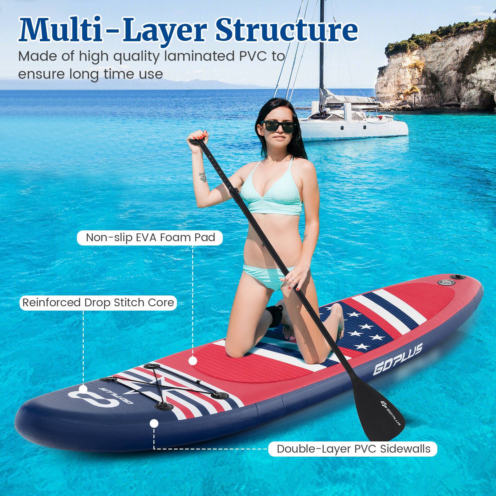 The image features a woman sitting on a multi-layer structure kayak, which is made of high-quality laminated PVC to ensure long-time use. The kayak has a non-slip EVA foam pad for added safety and comfort. The kayak also has a reinforced drop stitch core, providing additional stability and durability. The kayak is designed with double-layer PVC sidewalls, offering enhanced strength and buoyancy.