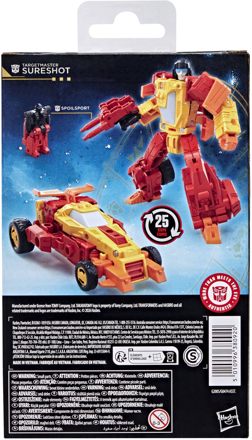 TARGETMASTER SURESHOT SPOILSPORT 25 STEPS TAPES  
Manufactured under license TOMY Company, TAKARATOMY property of Tomy Company, TRANSFORMERS HASBRO related trademarks logos trademarks Hasbro, Hasbro.  
THAN MEETS THE MORE EYE AUTHENTIC Hasbro, Pawtucket, HASBRO CANADA, LONGUEUIL, CANADA US/CANADA 1-800-255-5516 Australia consumer service: Zealand consumer Importado HASBRO MEXICO, DECV Montes Urales Oficina 01A-137C Colonia Lomas Chapultepec Seccin, Alcaldia Miguel Hidalgo, 11000, Ciudad Mxico, Mxico. HME910724IM5 Centro Servicio Mxicoc 55-5876-2998 interior Repblica Hasbro 78.934.680- Rosario Condes Santiago Hasbro Basadre 380920 (piso bloque -704-705 Iidro, Registro Nacional: 22