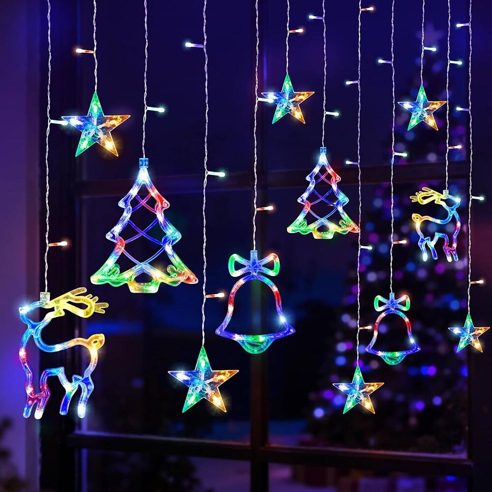MOSZAR LLC - 120-LED Colorful Christmas Curtain Lights 9.84ft Tree, Bell & Star