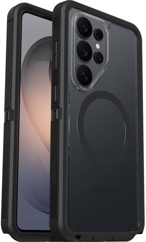 Left. OtterBox - OtterBox Galaxy S26 Ultra Bundle: Defender Series XT Case & Screen Protector, Built-in Magnets, Tough, Rugged & Durable - Dark Side (Clear/Black).
