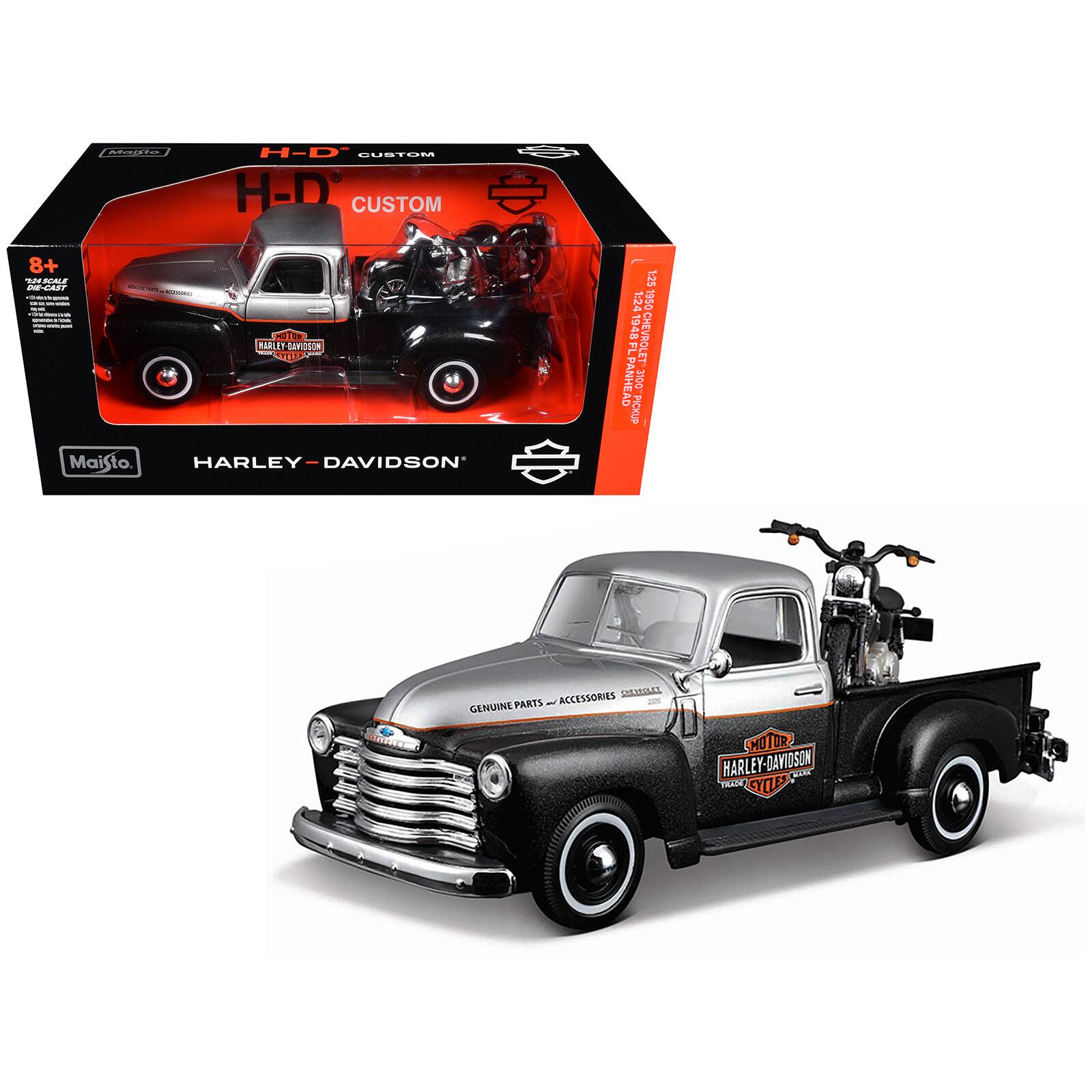 1950 Chevrolet 3100 Truck Silver Metallic and Black with 1948 Harley Davidson FL Panhead Motorcycle Black 1/24 by Maisto price history on PriceWatchPro