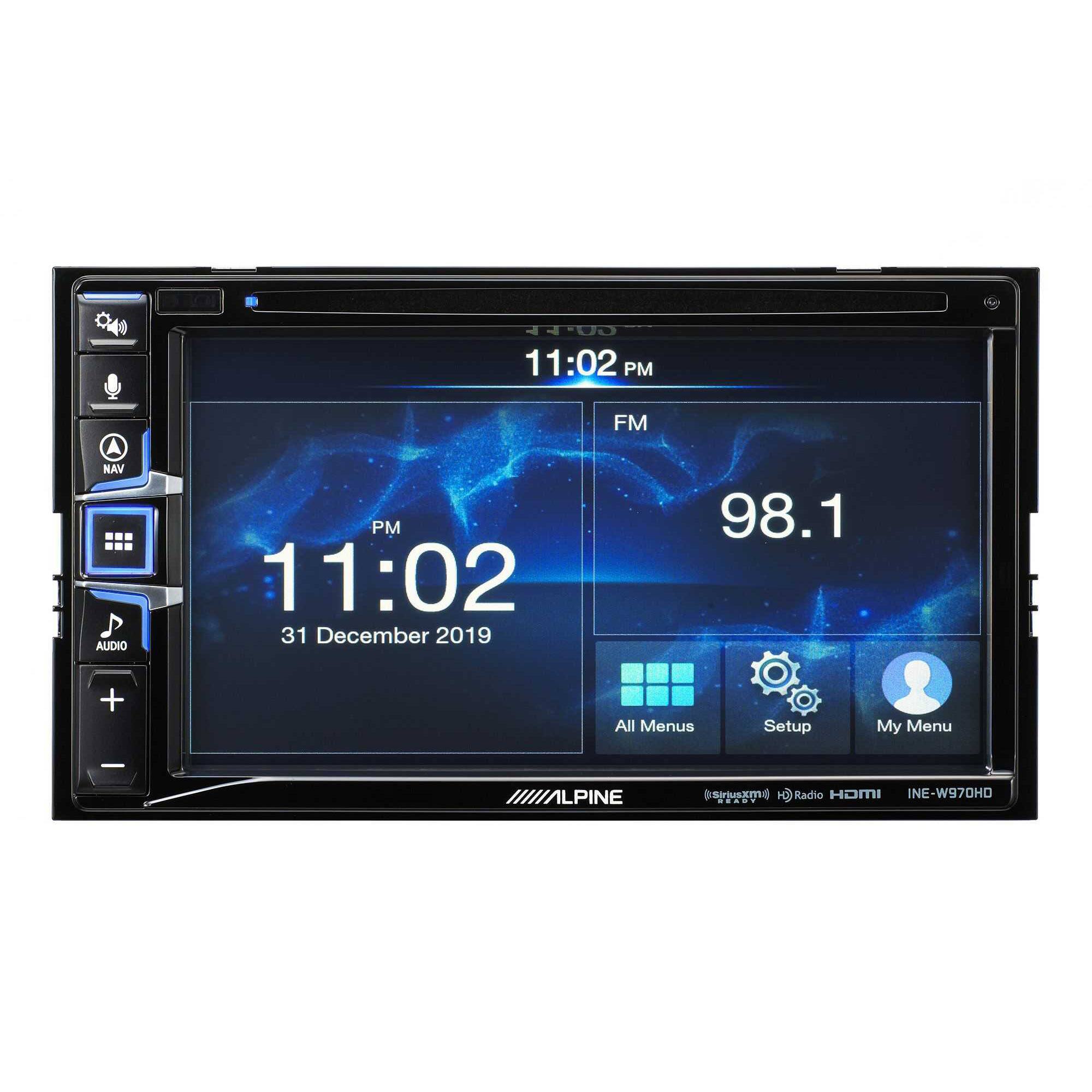 C4 4UO 11:02 PM A NAV AUDIO PM 11:02 1 31 December 2019 FM 98.1 + All Menus Setup My Menu - ALPINE SInam 0 Radio HaMI INE-W970HD