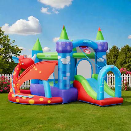 Front. BreeBe - Dragon Inflatable Playground with Slide and 740W Blower for Active Kids - Multicolor.