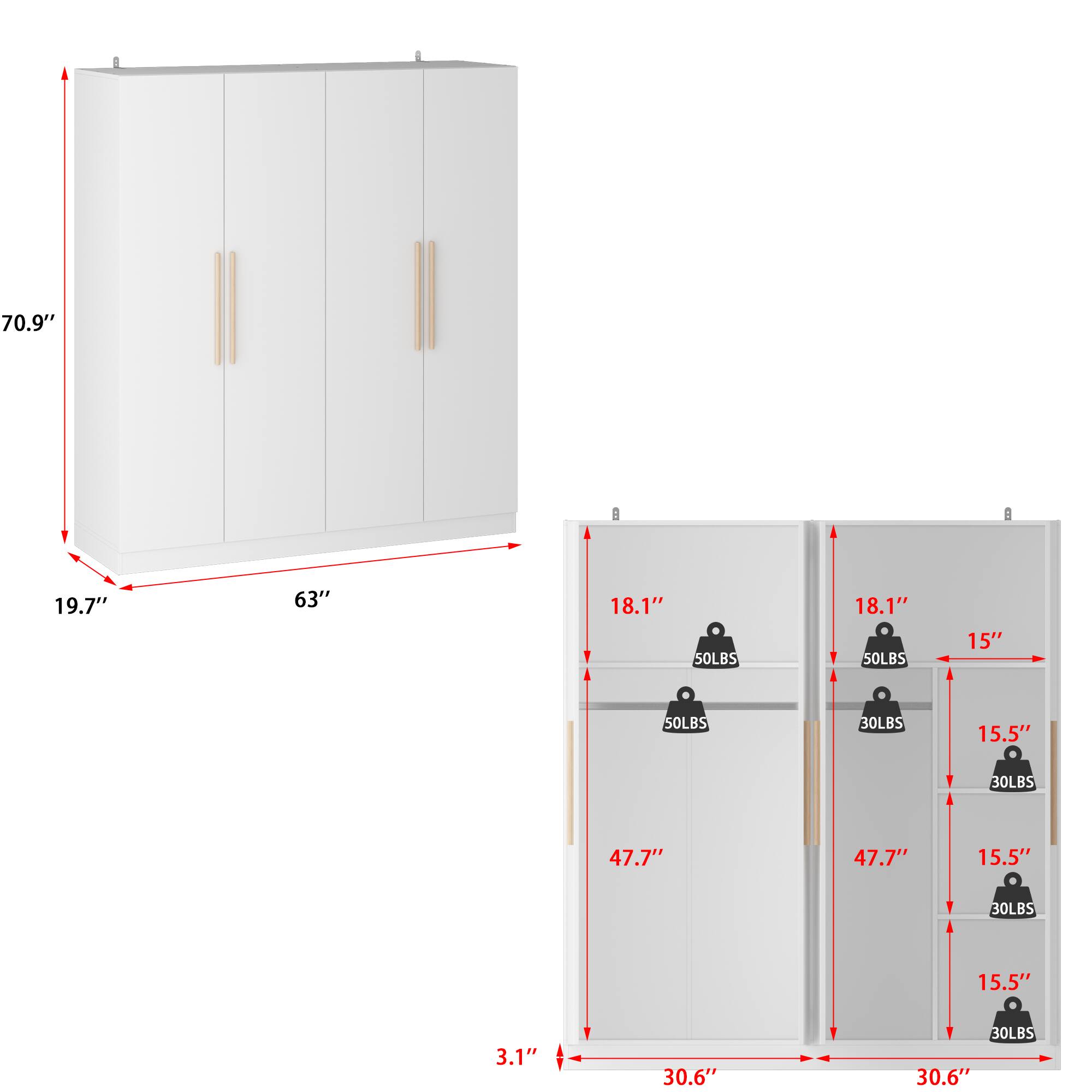 70.9", 19.7", 63", 18.1", 50LBS, 18.1", 50LBS, 15", 30LBS, 15.5", 30LBS, 47.7", 47.7", 15.5", 30LBS, 15.5", 3.1", 30.6", 30LBS, 30.6"