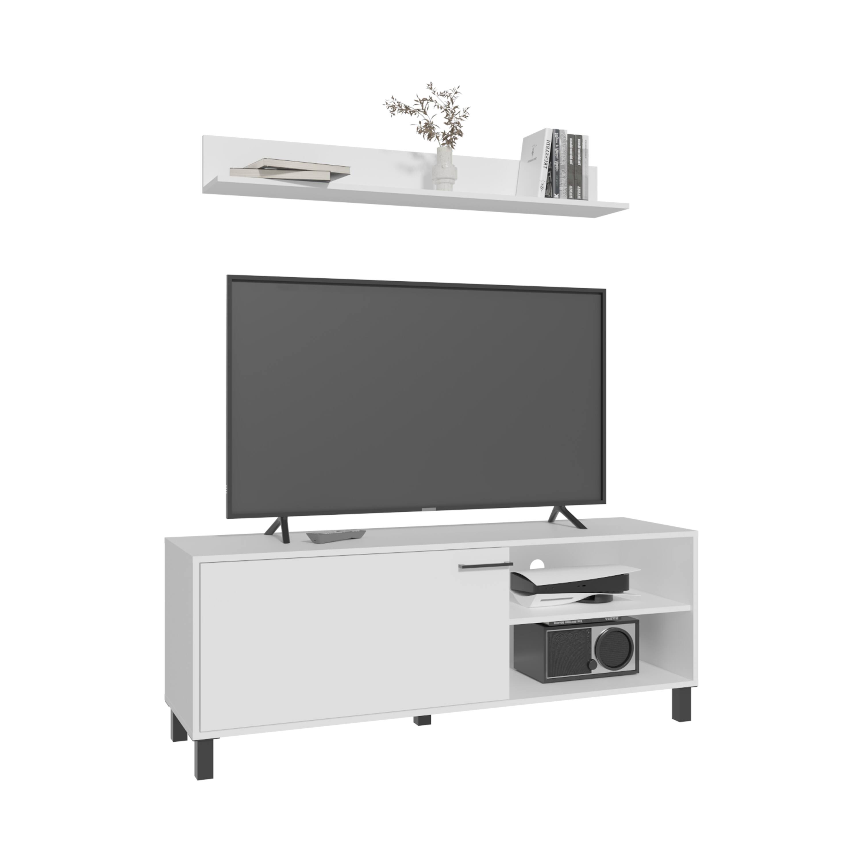 Front. Spaco - Spaco 55-Inch Entertainment Set, TV Stand with Wall Shelf, 1 Door 3 Shelves, Modern Compact for Apartments Living Room - White.