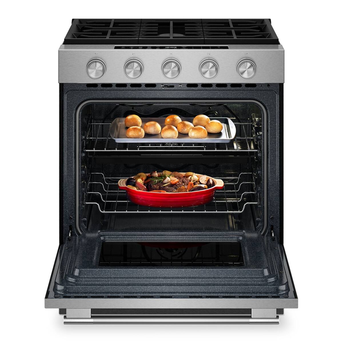 Angle. KitchenAid - 5.0 Cu. Ft. Slide-In Gas True Convection Range with Self Clean, Steam Clean, and 2-in-1 Burner - Fingerprint Resistant Stainless Steel.