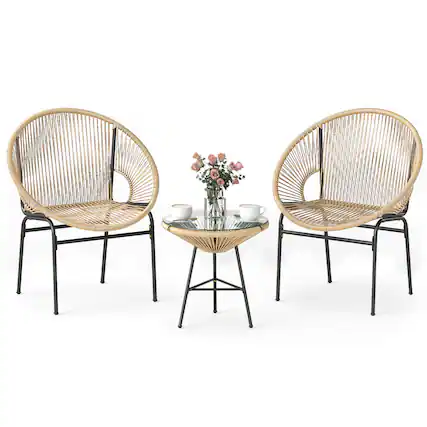 Front. Costway - Costway 3-Piece Wicker Patio Bistro Set,Outdoor Acapulco Chairs and Tempered Glass Table - Beige + Black.