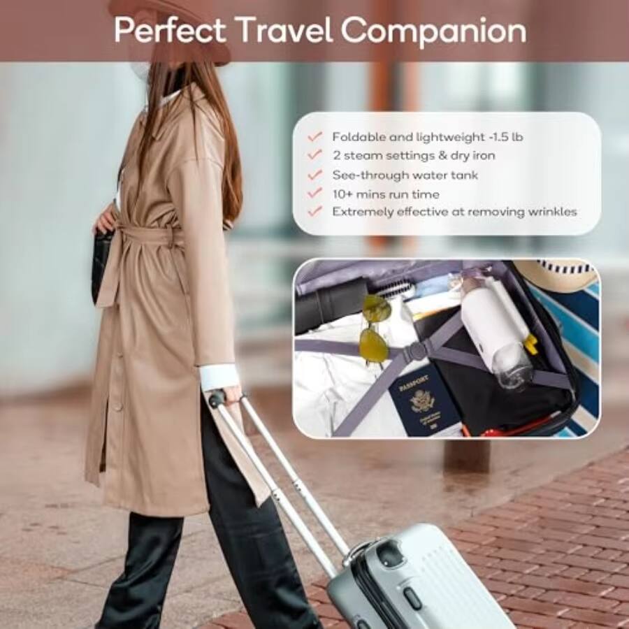 Perfect Travel Companion

- Foldable and lightweight - 1.5 lb
- 2 steam settings & dry iron
- See-through water tank
- 10+ mins run time
- Extremely effective at removing wrinkles