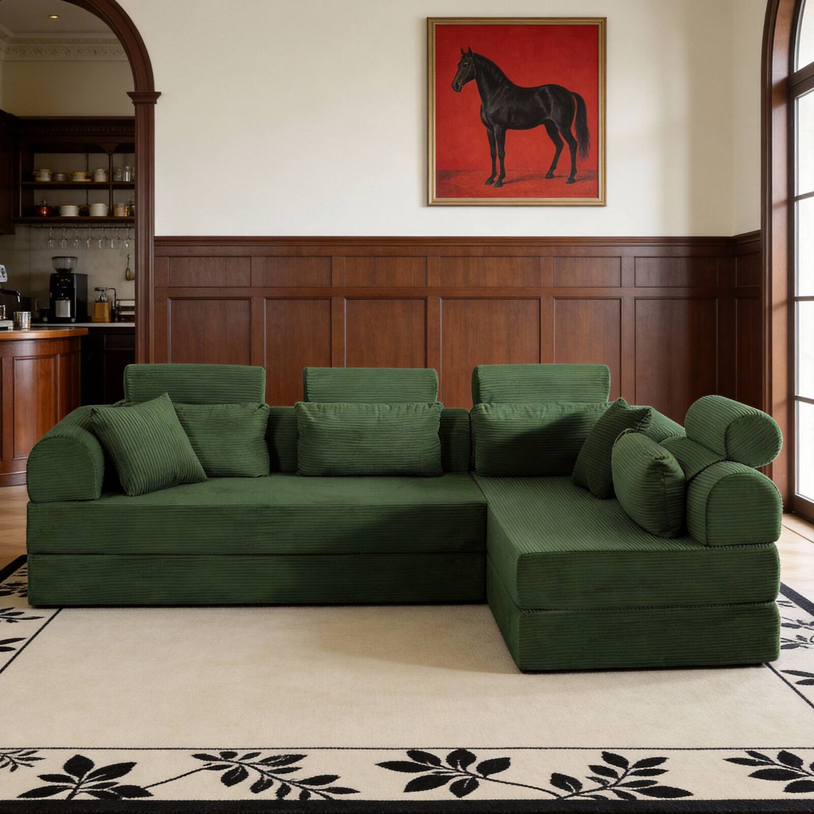 Angle. Anysun - L-Shape Corduroy Modular Sectional Sofa - Minimalist Compressed Design, Unfolds into Bed, Space-Efficient - Green.