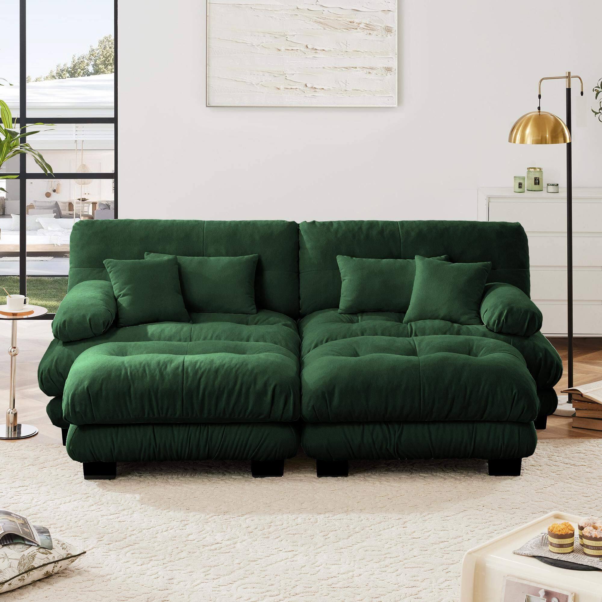 Front. LOVMOR - Cloud Couch Sleeper Sofa for Living Room Chenille 2 Seater sofa with 2 Lumbar pillows and 2 throw pillows Upholstered - Green.