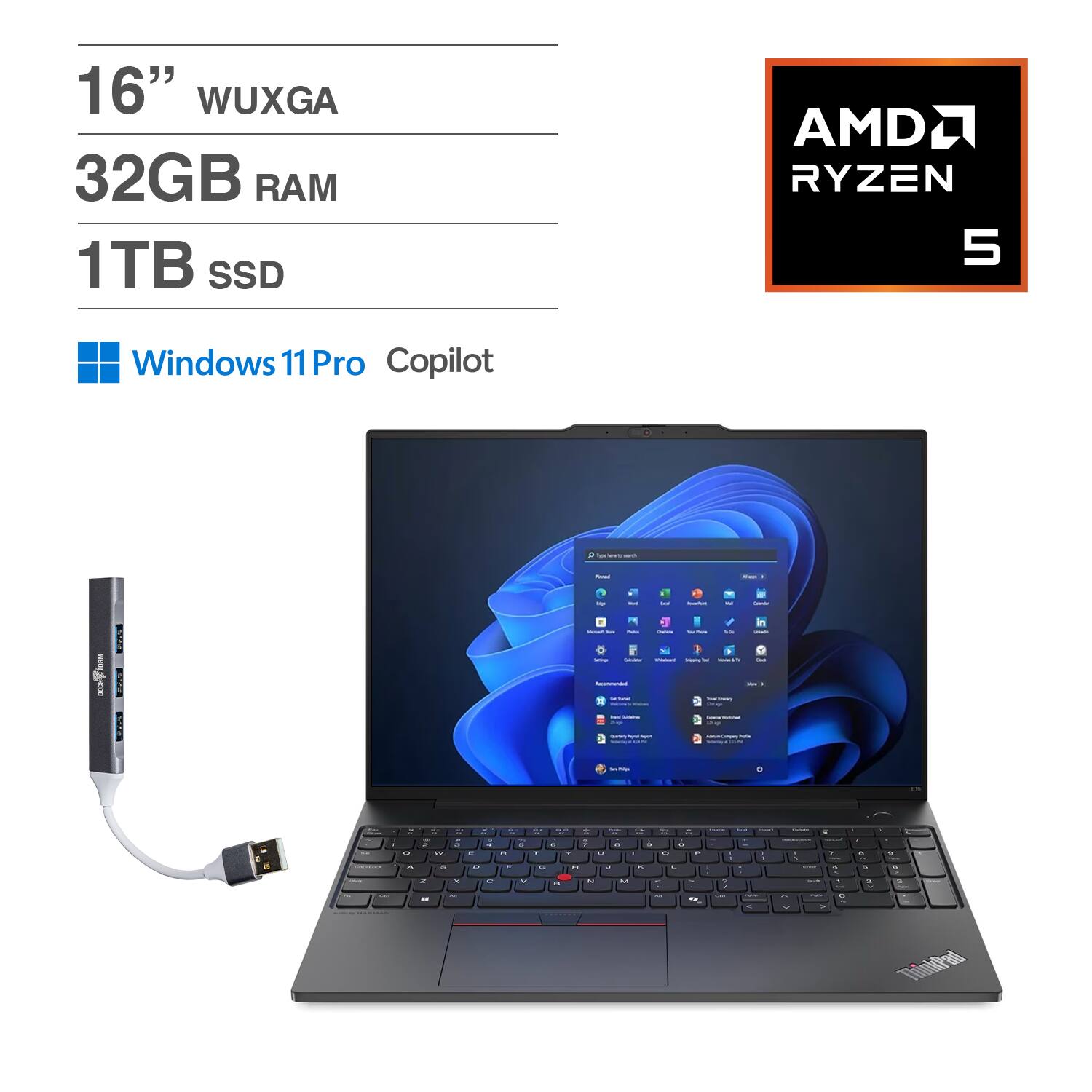 Lenovo - ThinkPad E16 Laptop 16.0 WUXGA (AMD Ryzen 5 230, 32GB DDR5, 1TB PCIe SSD, AMD Radeon, Win 11 Pro) w/USB Hub - Black