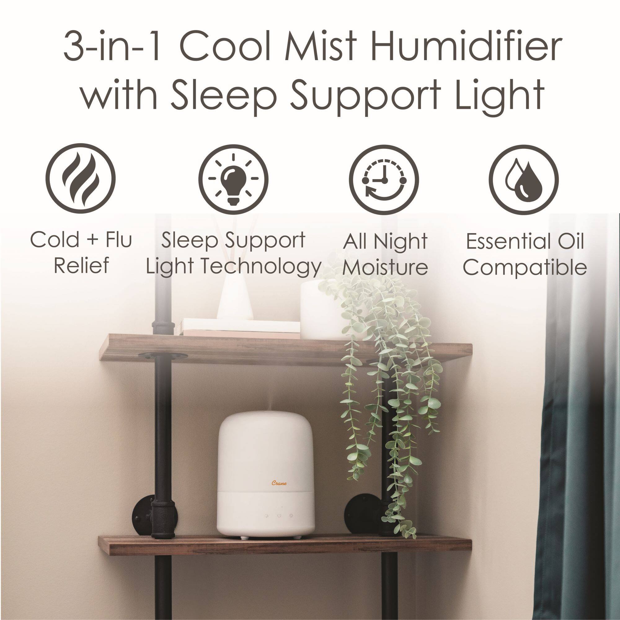 Left. CRANE - 3-in-1 Compact Humidifier - 0.5 Gallon with Sleep Support Light & Aroma Diffuser - White.
