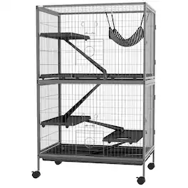 Pawhut - H Rolling Small Animal Cage with Hammock, Ferret Cage, Chinchilla Cage, Pet Habitat with 4 Doors