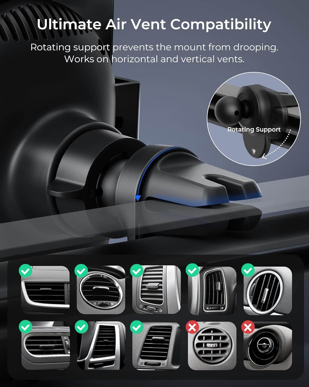 Ultimate Air Vent Compatibility: Rotating support prevents the mount from drooping. Works on horizontal and vertical vents.