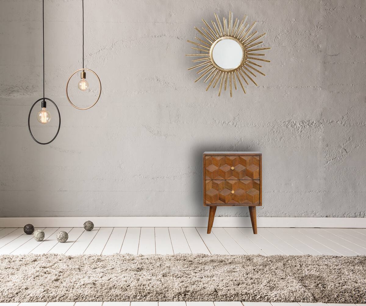 Alt View 7. Artisan Furniture - Artisan Furniture Solid Wood Chestnut Cube Carved Nightstand, 2 Drawers, Nordic Legs, Dark Brown - Chestnut.