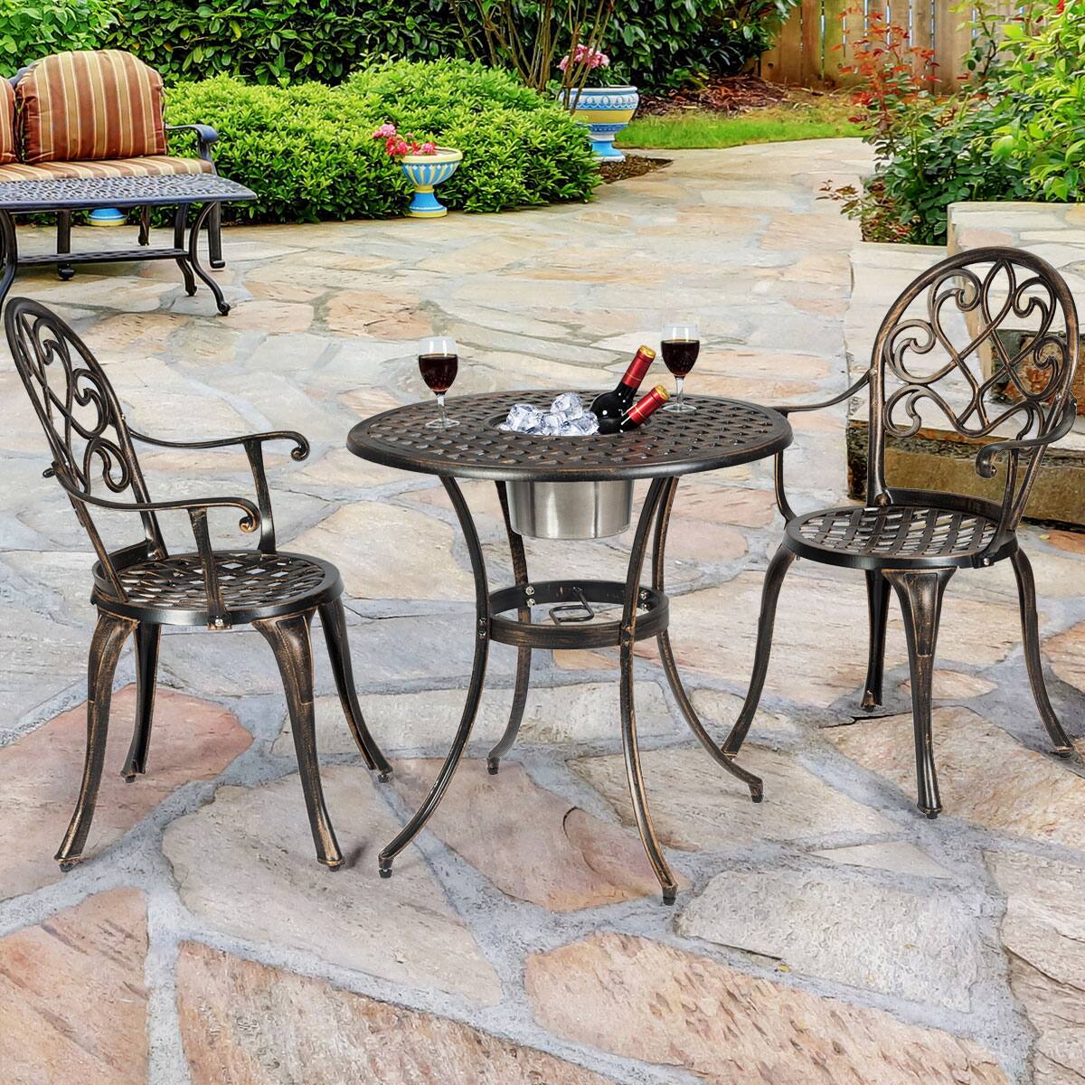 Alt View 4. Costway - Costway 3PCS Patio Dining Set  Aluminum  Bistro Attached Removable Ice Bucket - Bronze.