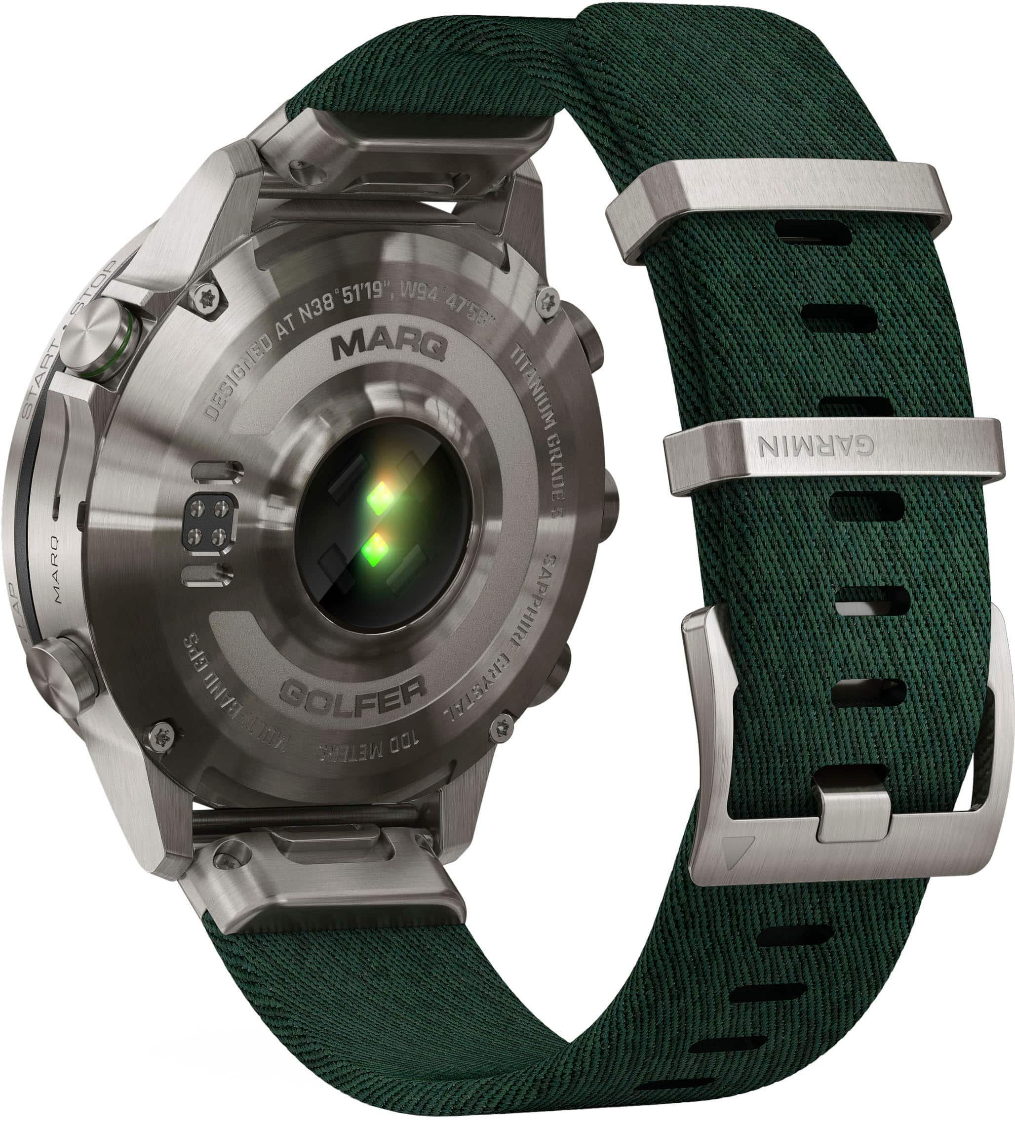 The watch is designed by Marq and features a titanium band. It is equipped with a Garmin GPS Golf Band, which allows golfers to track their performance and distance traveled. The watch also has a sapphire crystal face, providing a high level of durability and scratch resistance. The watch is designed for golfers and has a band that can be worn on either the left or right wrist. The watch is also equipped with a GPS feature, which can be used to track distance traveled during a golf game.