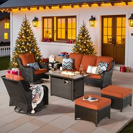 Ovios - 7 PCS Patio Furniture with 42" Fire Pit Table, Wicker Swivel Chairs, Ottoman & Side Table - Orange Red(Brown Wicker)