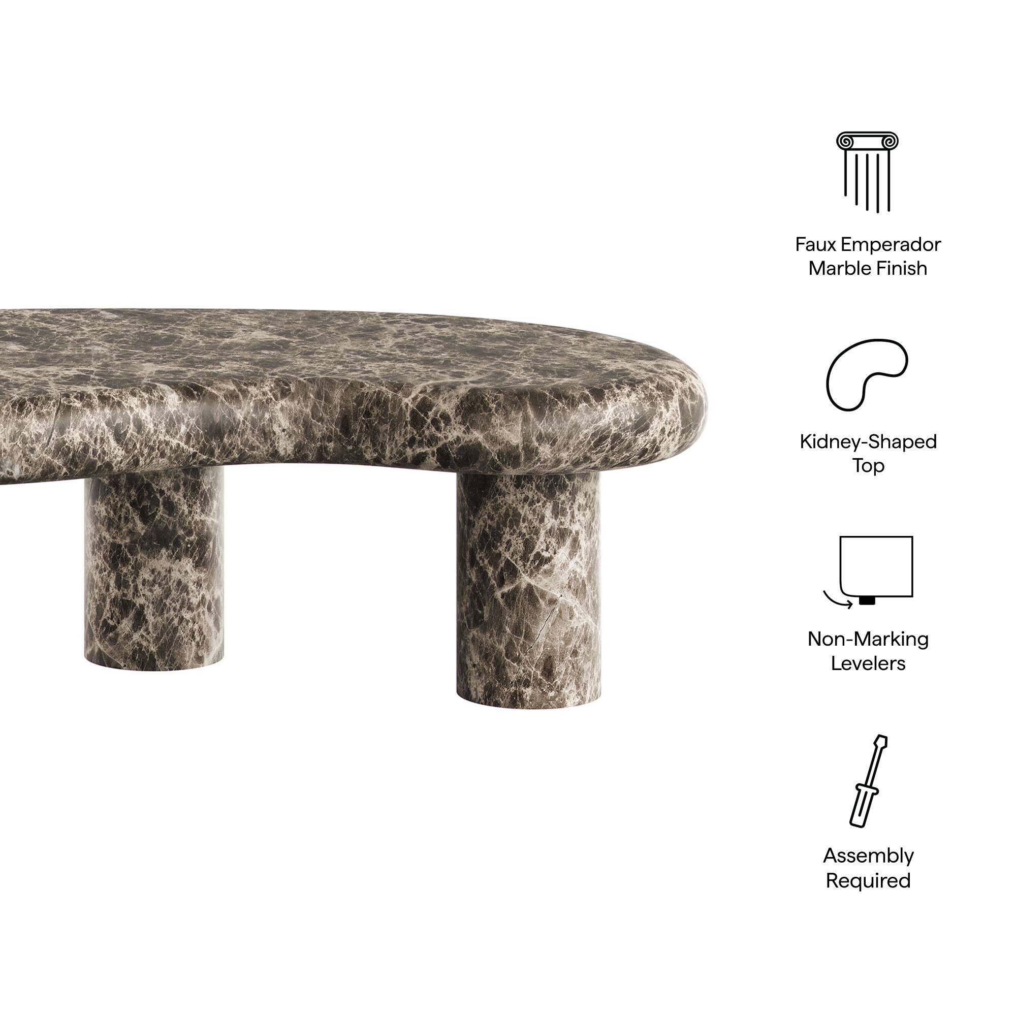 Faux Emperador Marble Finish  
Kidney-Shaped Top  
Non-Marking Levelers  
Assembly Required