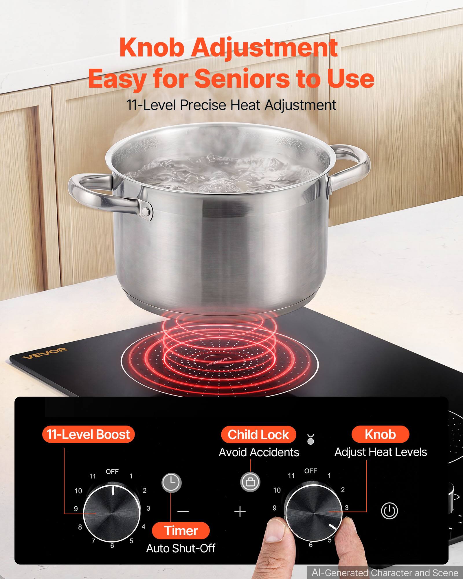 Knob Adjustment Easy for Seniors to Use  
11-Level Precise Heat Adjustment

VEVOR

11-Level Boost  
Child Lock Avoid Accidents  
Knob Adjust Heat Levels

10 11 OFF 1 2  
9 8 7 6 5 3 4

Timer Auto Shut-Off

AI-Generated Character and Scene