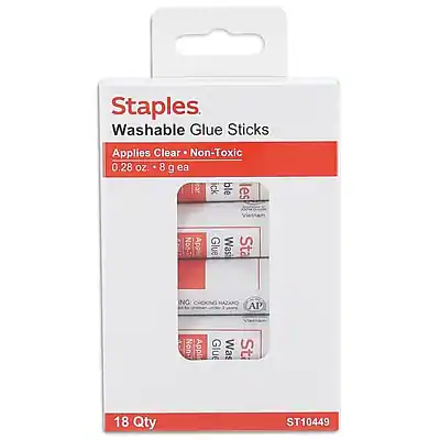 Staples Washable Glue Sticks
Applies Clear - Non-Toxic
0.28 oz. - 8 g ea
18 Qty
ST10449
Made in Vietnam
Non-Toxic
AP Seal
Choking Hazard - Small Parts