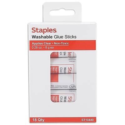 Staples Washable Glue Sticks  
Applies Clear - Non-Toxic  
0.28 oz. - 8 g ea  

18 Qty  
ST10449  

Made in Vietnam  
Non-Toxic  
AP Seal  
Choking Hazard - Small Parts