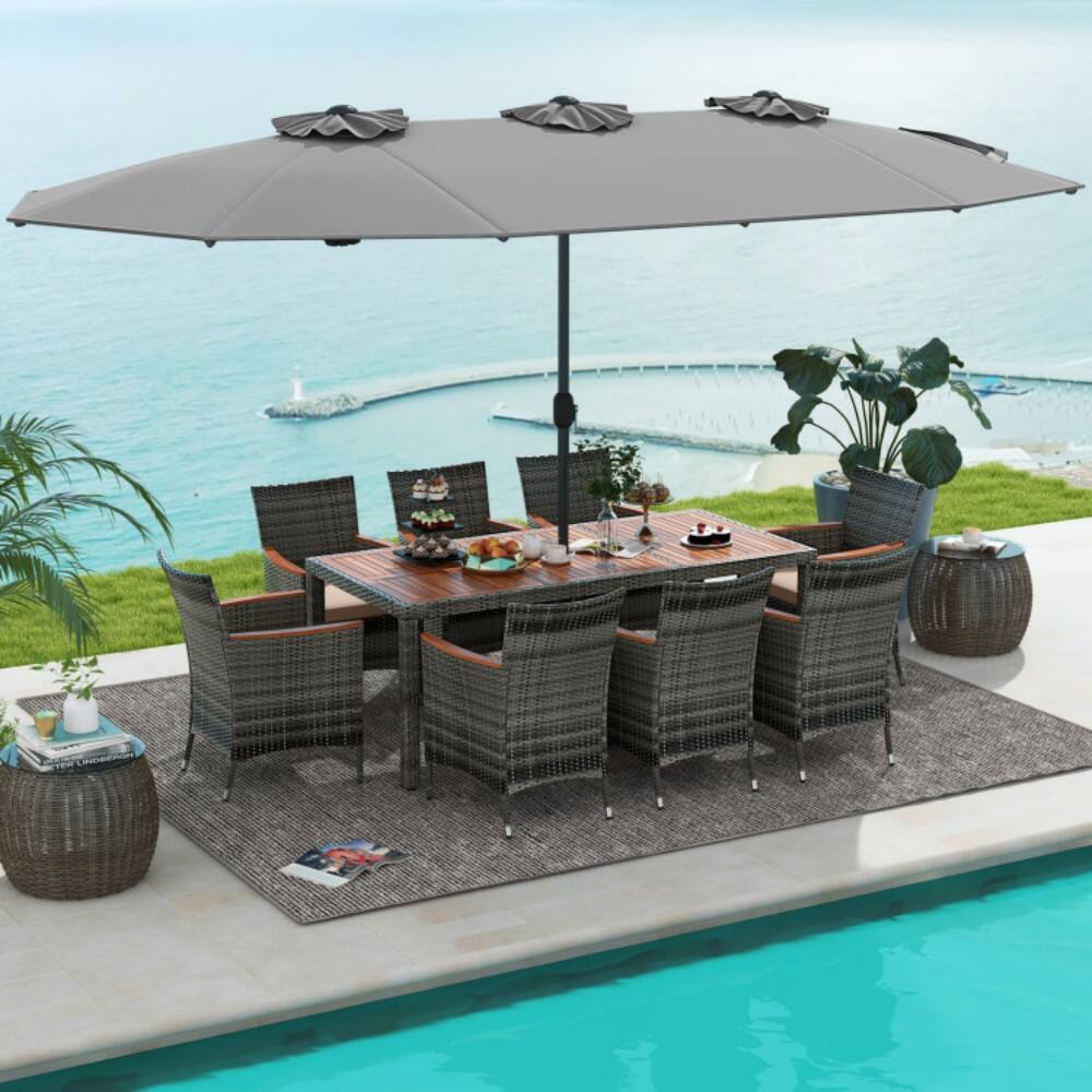 Left. Mondawe - 10 Pieces Patio Wicker Dining Set with 15 Feet Double-Sided Patio Umbrella - Grey.