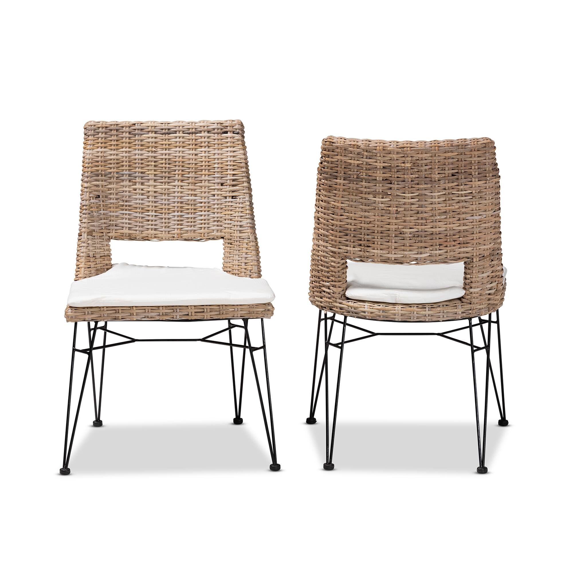 Angle. bali & pari - Nafaro Modern Bohemian Natural Rattan Metal Dining Chair with Cushion 2-Piece Set - Greywashed/Black/White.