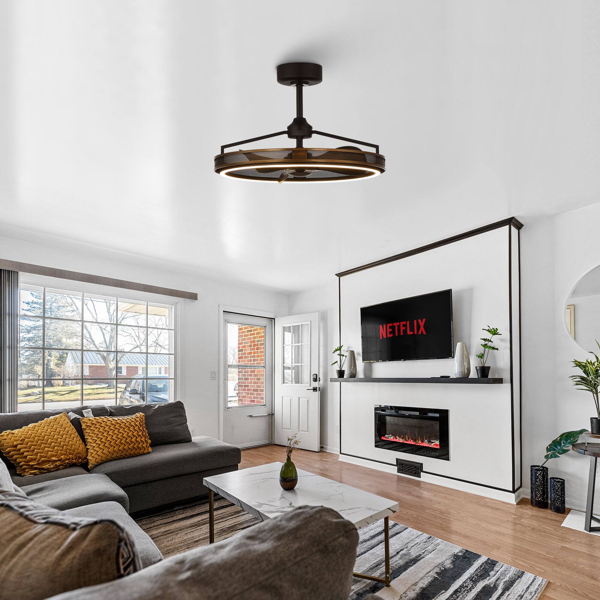 Back. Parrot Uncle - 27" Industrial Metal LED Ceiling Fan with Remote Control - Brass.