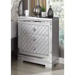 Loheer - Nightstand with USB Charger, Three-Drawer Bedside Cabinet with Hidden Jewelry Storage - Silver