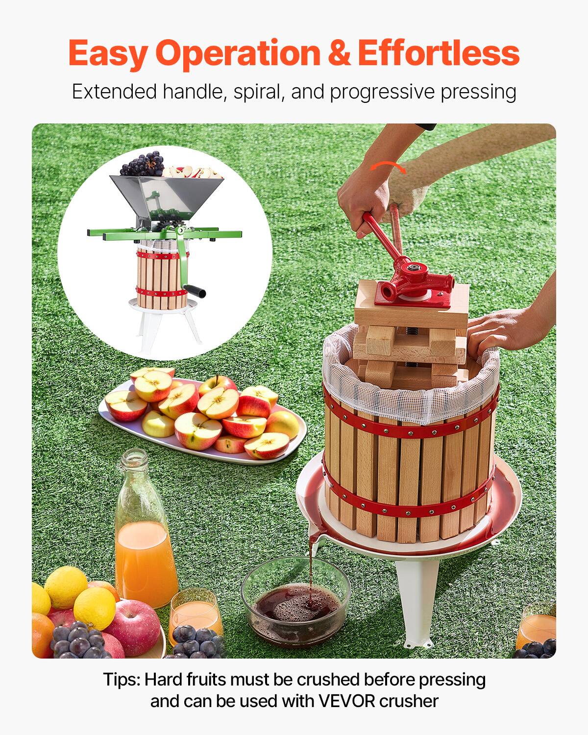 Easy Operation & Effortless

Extended handle, spiral, and progressive pressing

Tips: Hard fruits must be crushed before pressing and can be used with VEVOR crusher