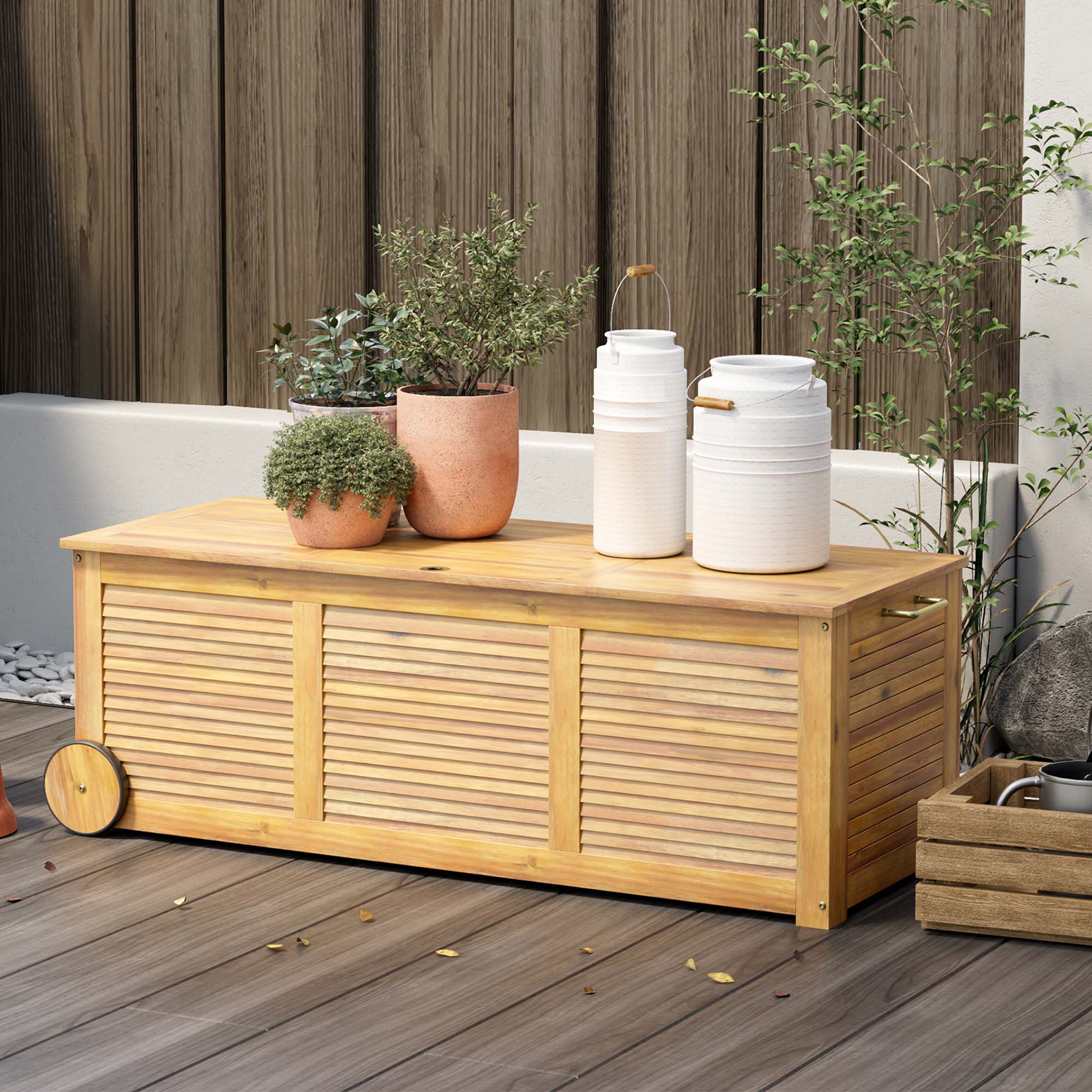 Alt View 1. Costway - Costway 48 Gallon Acacia Wooden Patio Storage Deck Box Outdoor Storage Box with Wheels - Natural.