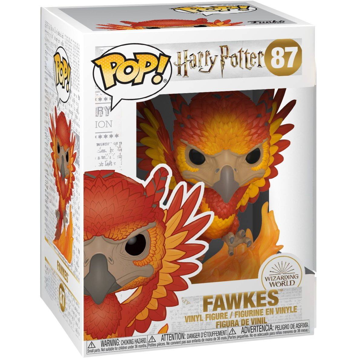 Sure, here is the corrected and grouped text from the image:

---

**POP! Harry Potter 87**

**FAWKES**

**VINYL FIGURE / FIGURINE EN VINYLE / FIGURA DE VINIL**

**WARNING: CHOKING HAZARD - Small parts. Not suitable for children under 3 years.**

**ATTENTION: PELIGRO DE ASFIXIA - Piezas pequeñas. No conviene para menores de 3 años.**

**ADVERTENCIA: PEQUENAS PIEZAS - No conviene para menores de 3 años.**

**WIZARDING WORLD**

**87**

---

This text is organized to reflect the information on the packaging accurately.