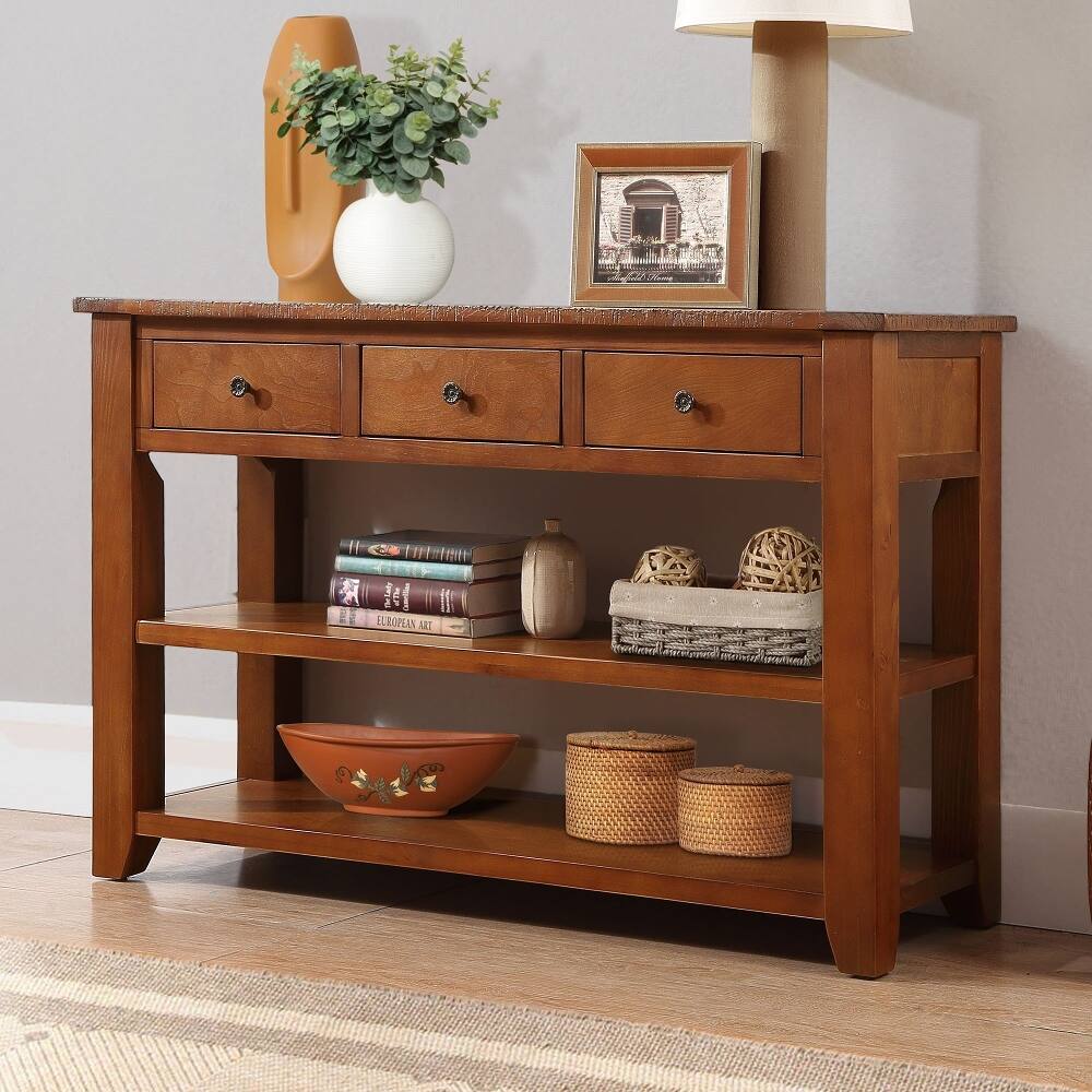 Loheer 48 Inch Solid Pine Wood Console Table with 3 Drawers Brown ...
