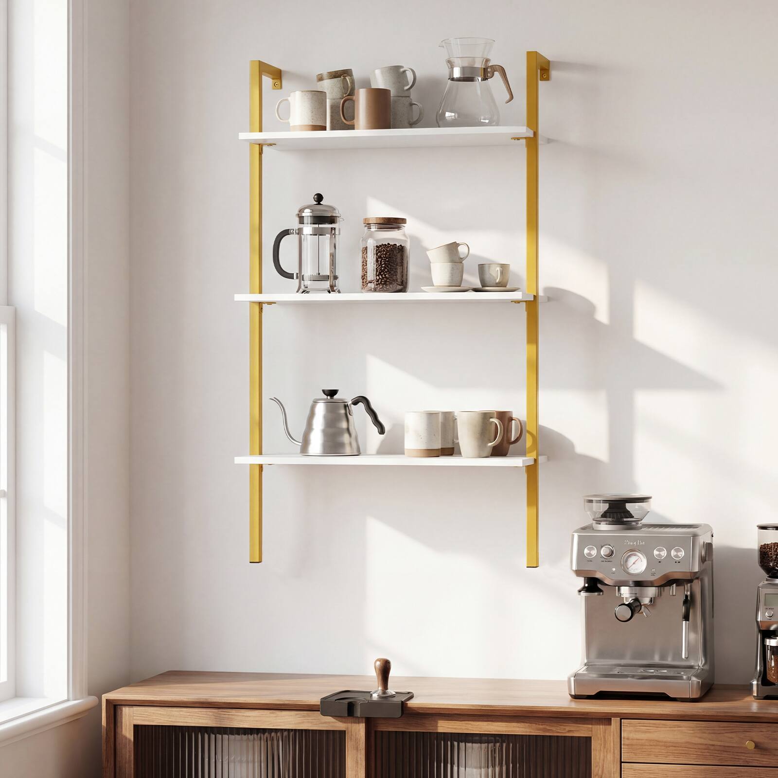 Alt View 3. Costway - Costway 1 PCS 3-Tier Modern Wall Mounted Shelves, Wooden Floating Shelving Unit for Kitchen - Gold and White.