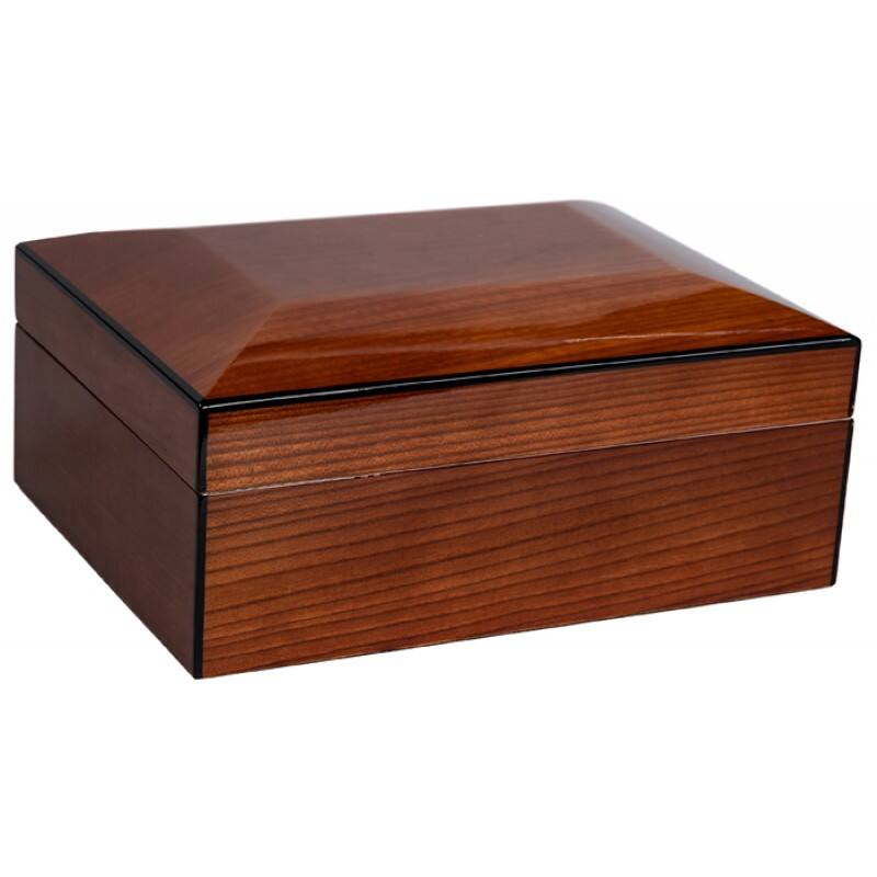 Angle. Prestige - THE Dome Olmo Cigar Humidors - High Gloss Dark Burl Wood Grain Finish.