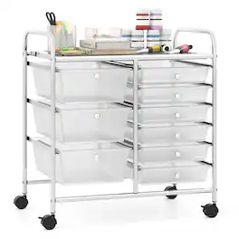 WELLFOR - 9-Drawer Utility Rolling Storage Cart with Metal Tabletop &Metal Frame,Drawer Organizer for Craft Office School Storage - Transparent
