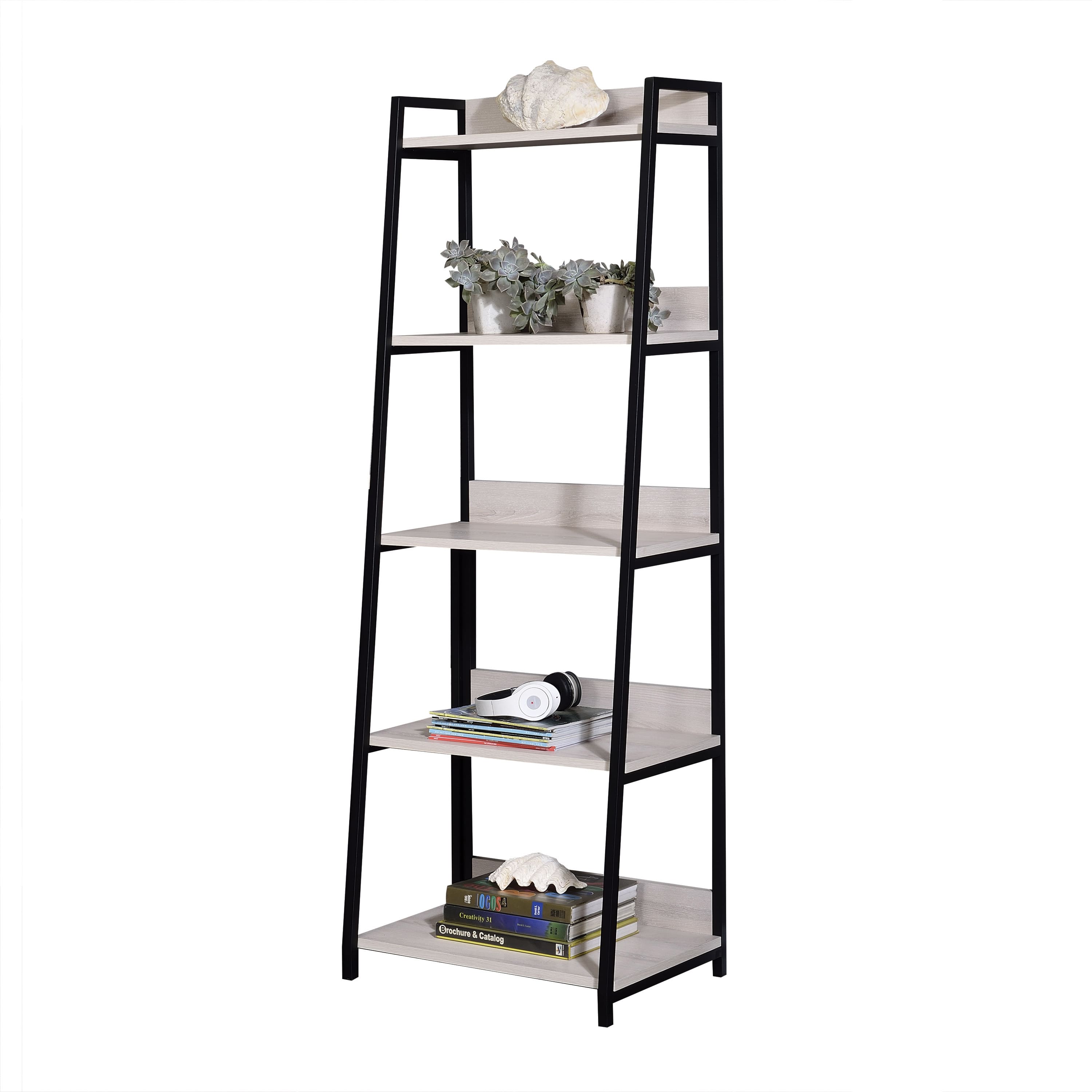 Spaco - Leaning Ladder Bookshelf 5-Tier, 24 Inch Wide Natural Wood Black Metal Frame for Living Room Office - Black+Natural
