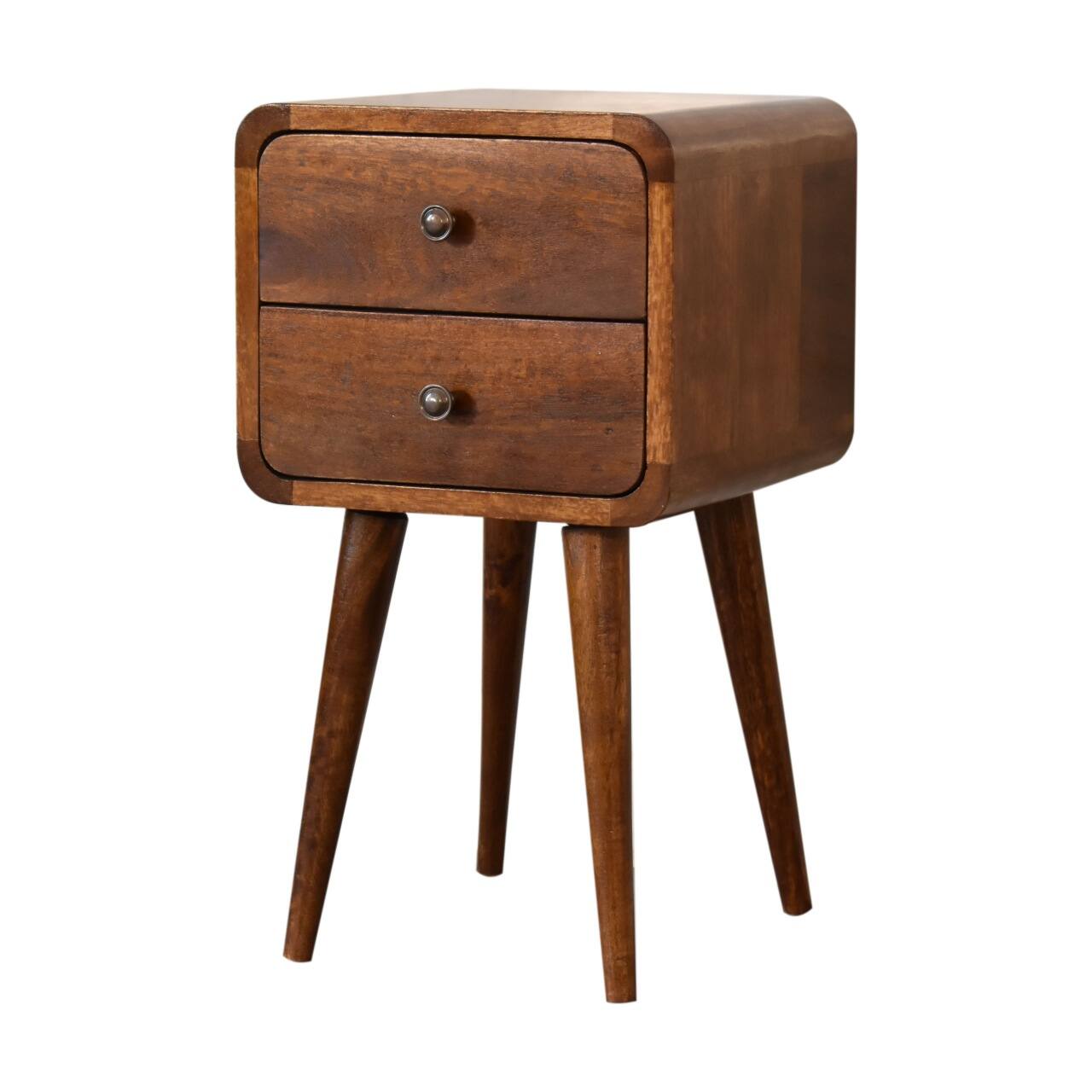 Left. Artisan Furniture - Artisan Furniture Solid Wood Mini Chestnut Curved Nightstand, 2 Drawers, Nordic legs, Brown - Chestnut.