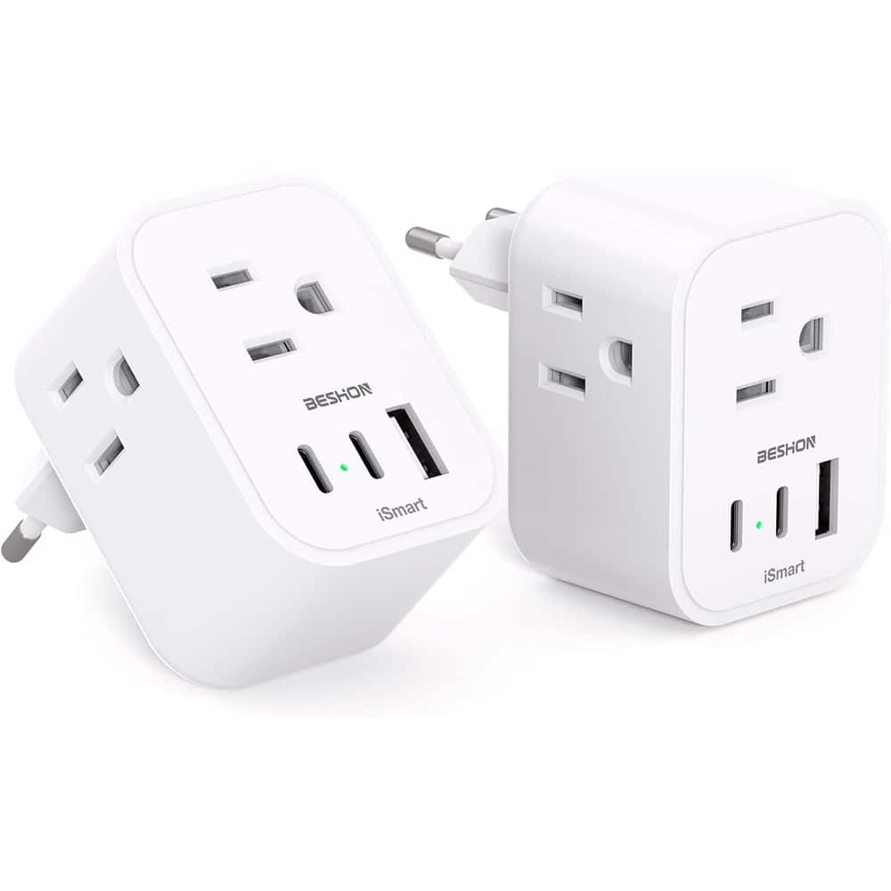 Schertz - International Travel Adapter w/ 3 Outlets & 3 USB Ports – EU/UK Plug - White