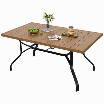 Front. RYHNUYNE - 60"x35" Outdoor Patio Table with Umbrella Hole,Wood Texture & Sturdy Metal Frame,All-Weather Dining Table for Poolside - Natural.