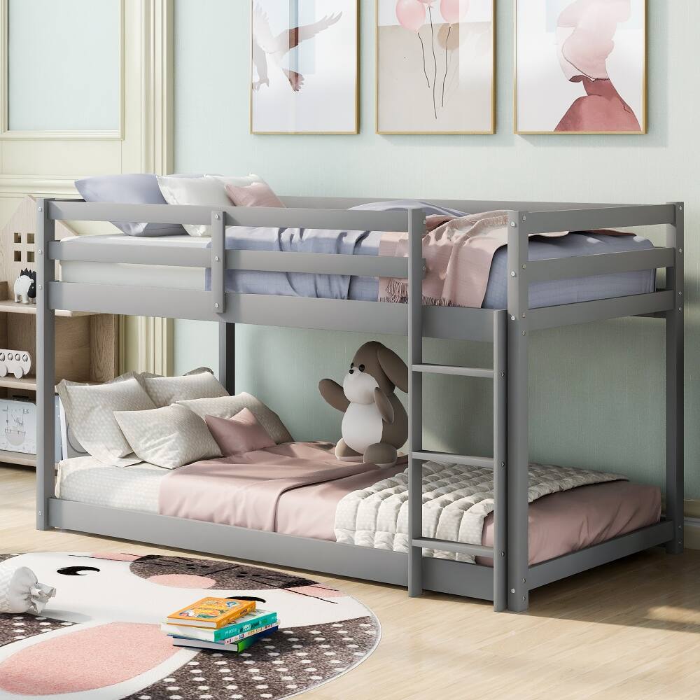 Loheer - Twin Over Twin Floor Bunk Bed, Solid Wood Low Bunk Bed with Ladder - Gray