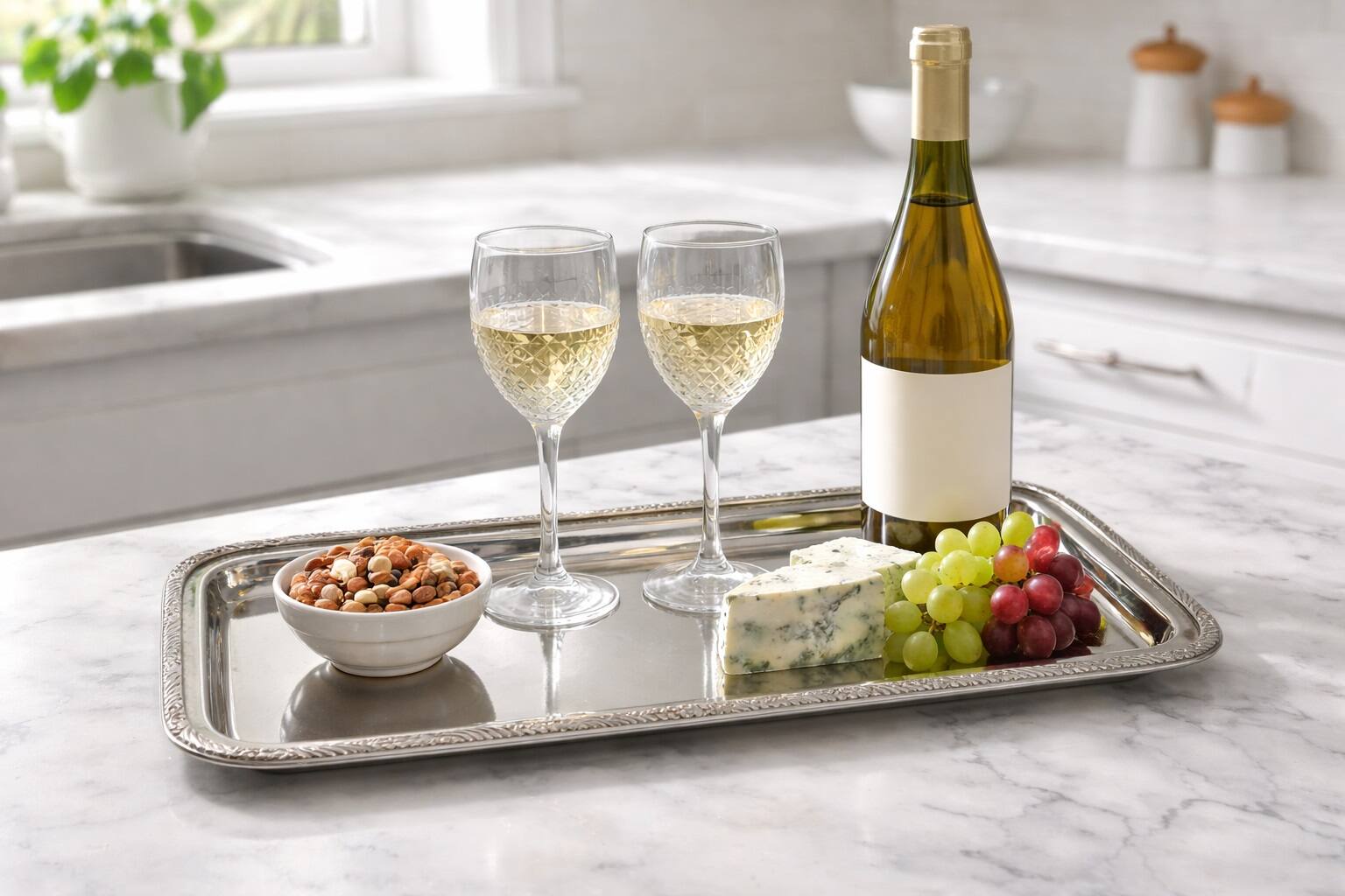 Angle. Jiallo - Rectangular Stainless Steel Serving Tray with Textured Designer Rim, 15x6" - Silver.