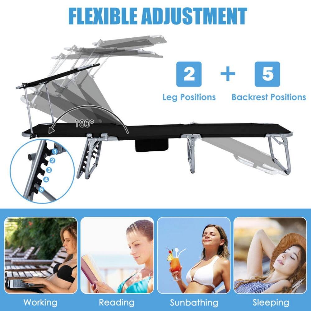 FLEXIBLE ADJUSTMENT  
2 Leg Positions + 5 Backrest Positions  
180°  

Working  
Reading  
Sunbathing  
Sleeping